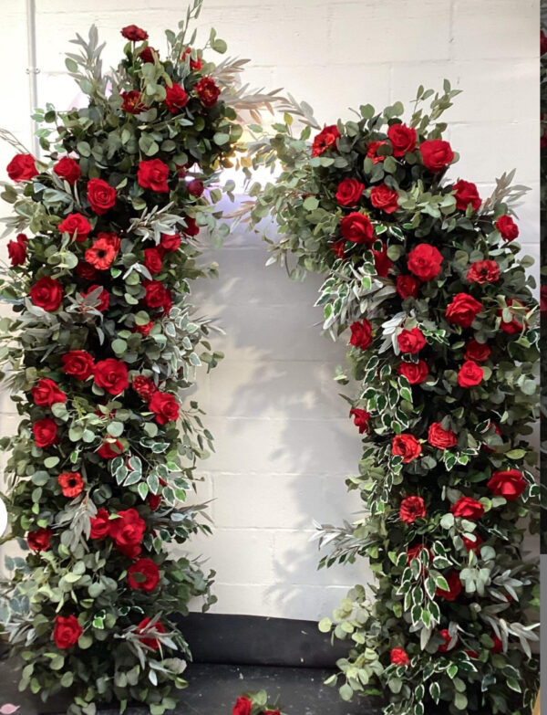 Red Flower Wedding Pillars Free Standing- Set of 2