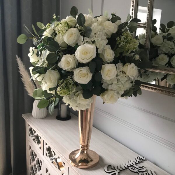 Classic White Roses and Foliage Artificial Flower Centrepiece - Image 8