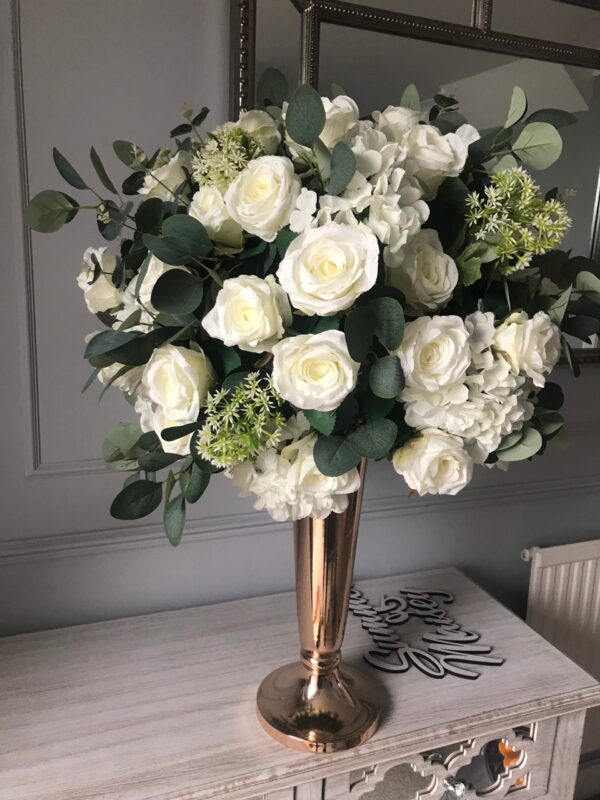 Classic White Roses and Foliage Artificial Flower Centrepiece - Image 6