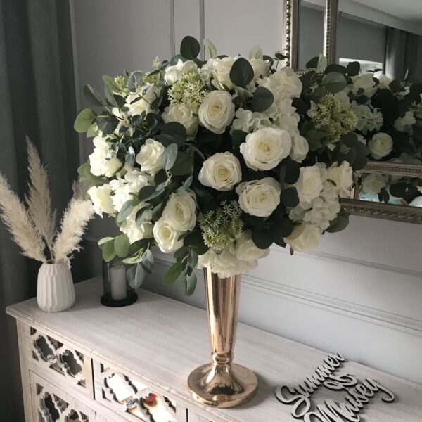 Classic White Roses and Foliage Artificial Flower Centrepiece - Image 3