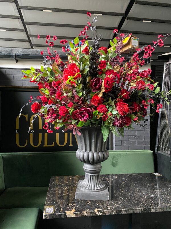 Large Red Roses and Blossom Flower Urn