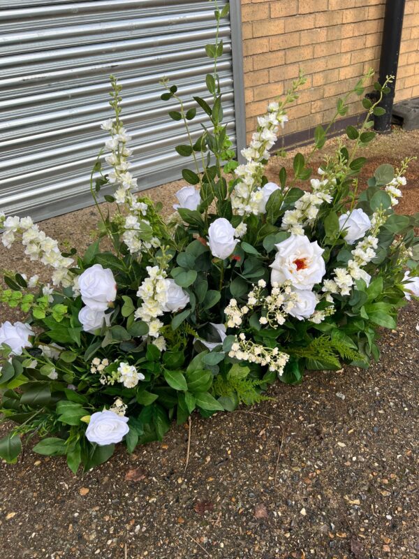 White Roses and Eucalyptus Wedding Floor Aisle Arrangement