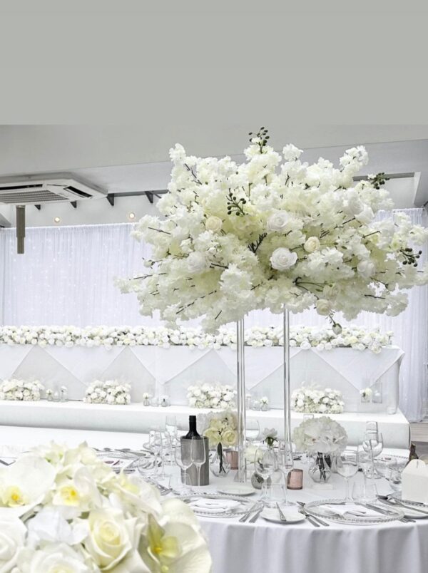 White Cherry Blossoms and Roses Wedding Centrepiece - Image 5