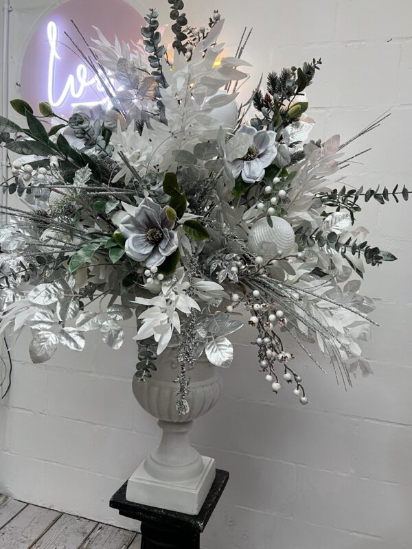 Silver and White Winter Flower Urn Arrangement - Image 3