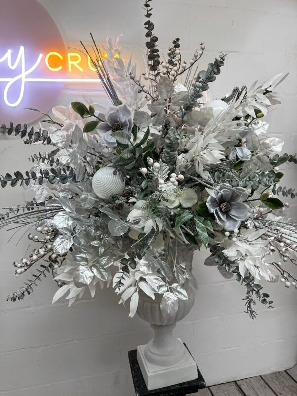 Silver and White Winter Flower Urn Arrangement