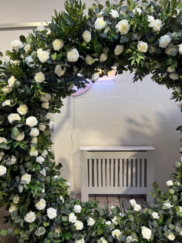 Green and White Moongate Wedding Flower Arch - Image 4