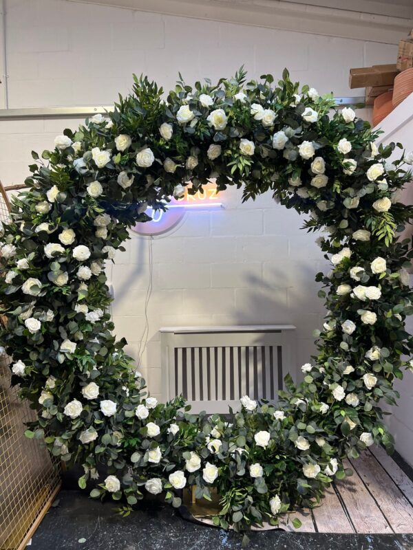 Green and White Moongate Wedding Flower Arch