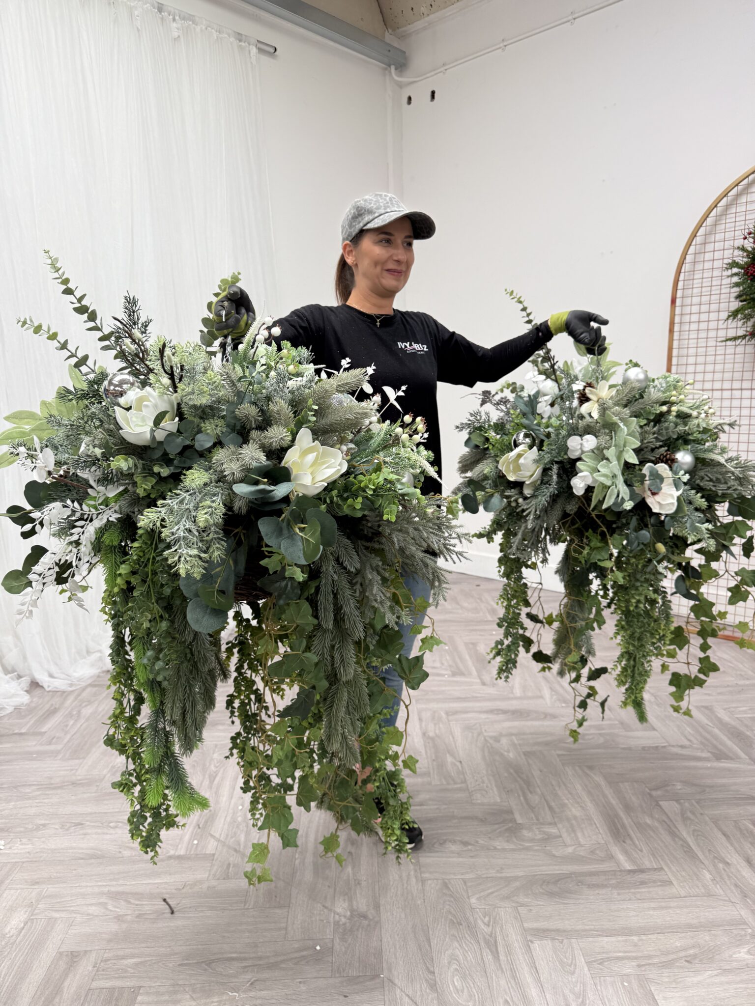 IVY CRUZ Flower Walls, Floral Arrangements | Commercial and Functions XL Frosty Winter Hanging Artificial Flower Basket - Image 5