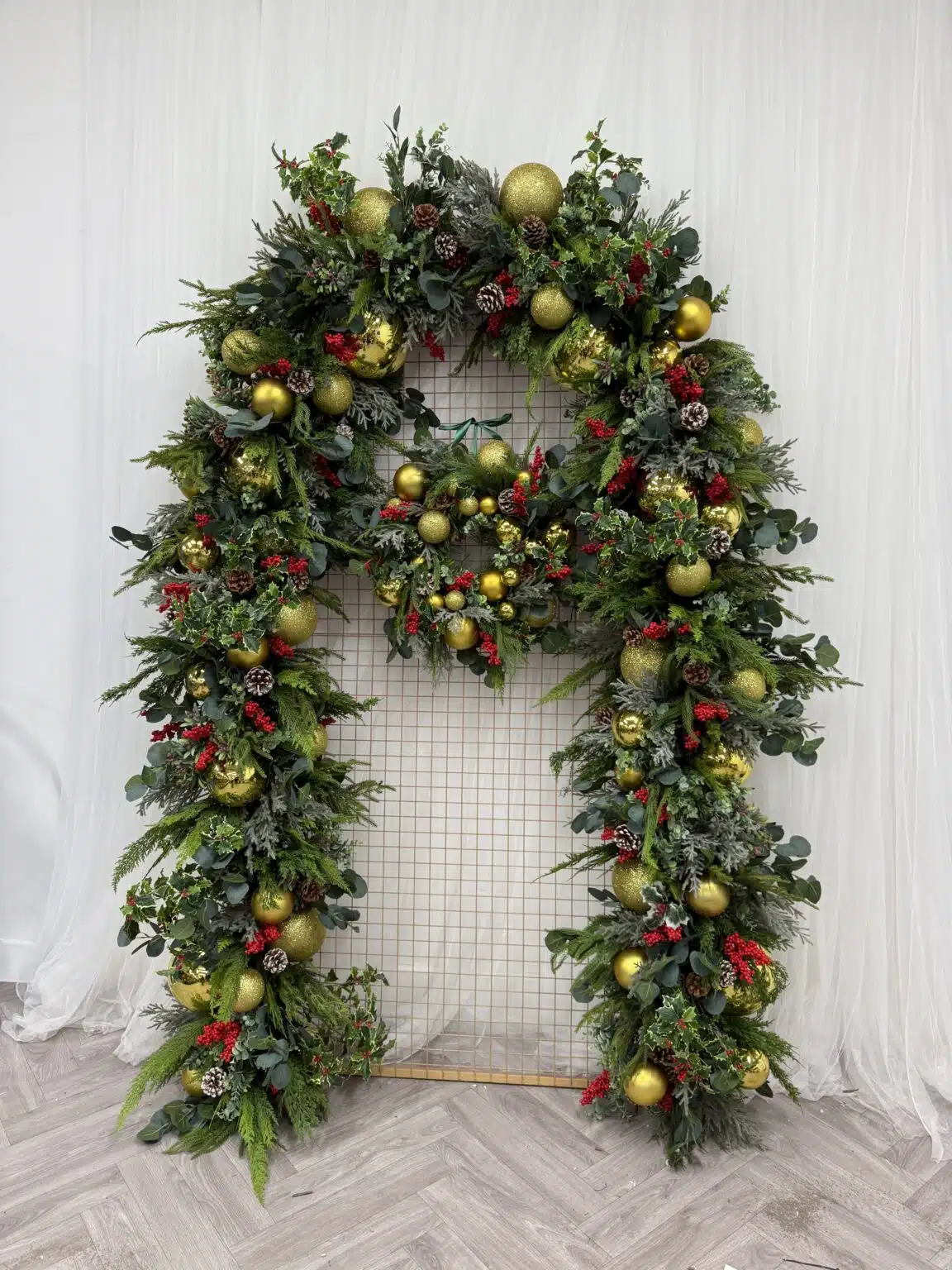 IVY CRUZ Flower Walls, Floral Arrangements | Commercial and Functions Traditional Gold & Red Christmas Doorway Garland - Restaurant Doorway Decor - Image 8