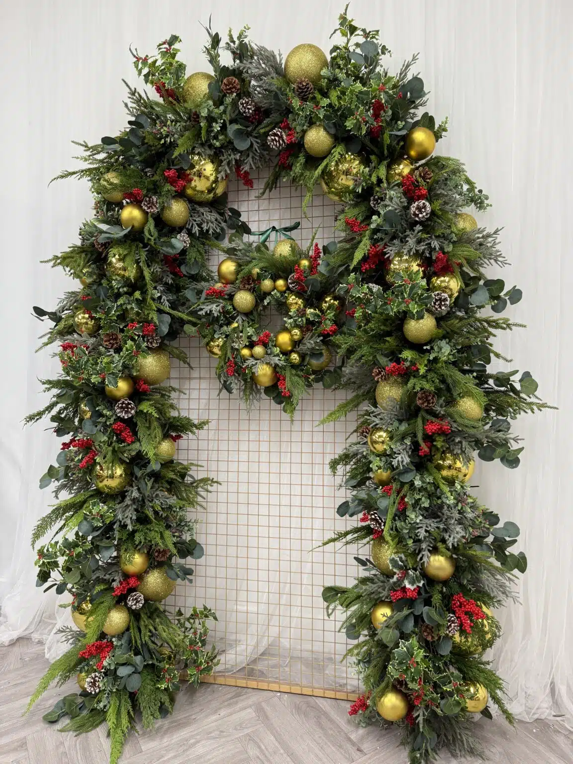 IVY CRUZ Flower Walls, Floral Arrangements | Commercial and Functions Traditional Gold & Red Christmas Doorway Garland - Restaurant Doorway Decor - Image 7